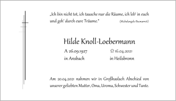 Traueranzeige von Hilde Knoll-Loebermann von Ansbach