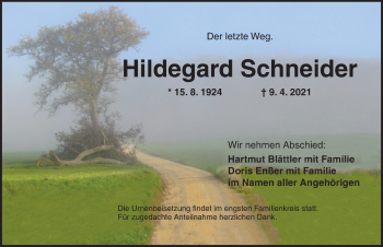 Traueranzeige von Hildegard Schneider von Ansbach