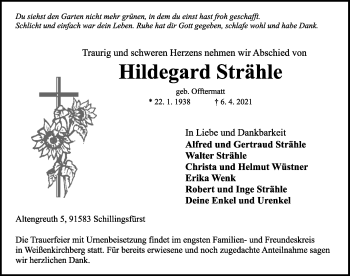 Traueranzeige von Hildegard Strähle von GE