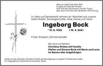 Traueranzeige von Ingeborg Bock von Ansbach