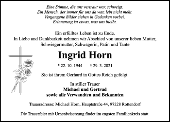 Traueranzeige von Ingrid Horn von Rothenburg
