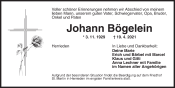 Traueranzeige von Johann Bögelein von Ansbach