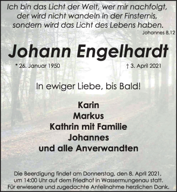 Traueranzeige von Johann Engelhardt von Ansbach