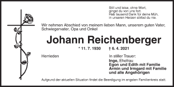 Traueranzeige von Johann Reichenberger von Ansbach