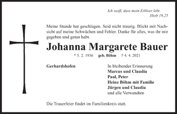 Traueranzeige von Johanna Margarete Bauer von Neustadt/ Scheinfeld/ Uffenheim