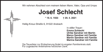 Traueranzeige von Josef Schlecht von Ansbach