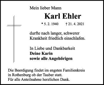 Traueranzeige von Karl Ehler von Rothenburg
