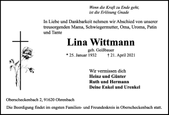 Traueranzeige von Lina Wittmann von Rothenburg