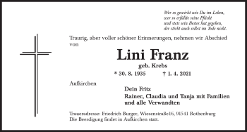 Traueranzeige von Lini Franz von Dinkelsbühl/ Feuchtwangen