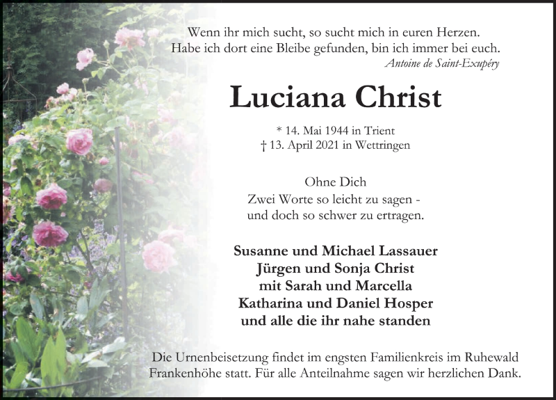  Traueranzeige für Luciana Christ vom 17.04.2021 aus Dinkelsbühl/ Feuchtwangen