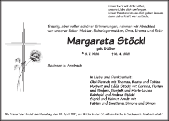 Traueranzeige von Margareta Stöckl von Ansbach