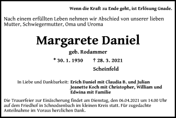 Traueranzeige von Margarete Daniel von Neustadt/ Scheinfeld/ Uffenheim