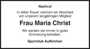 Traueranzeige von Maria Christ von Dinkelsbühl/ Feuchtwangen