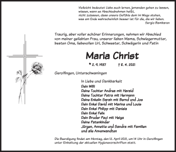 Traueranzeige von Maria Christ von Dinkelsbühl/ Feuchtwangen