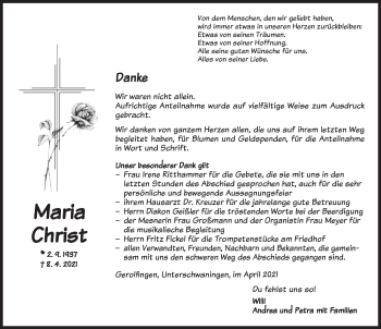 Traueranzeige von Maria Christ von Dinkelsbühl/ Feuchtwangen