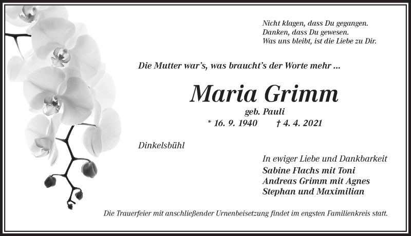  Traueranzeige für Maria Grimm vom 10.04.2021 aus Dinkelsbühl/ Feuchtwangen