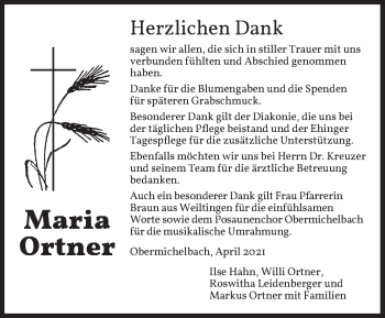 Traueranzeige von Maria Ortner von Dinkelsbühl/ Feuchtwangen