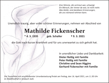 Traueranzeige von Mathilde Fickenscher von Ansbach