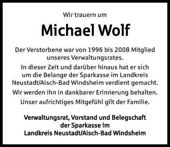 Traueranzeige von Michael Wolf von Fränkische Landeszeitung
