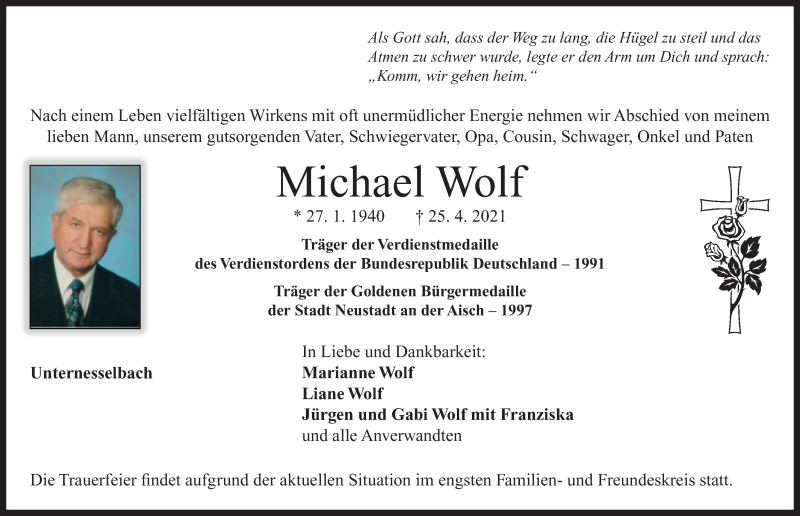  Traueranzeige für Michael Wolf vom 28.04.2021 aus Neustadt/ Scheinfeld/ Uffenheim