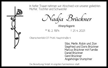 Traueranzeige von Nadja Brückner von Neustadt/ Scheinfeld/ Uffenheim