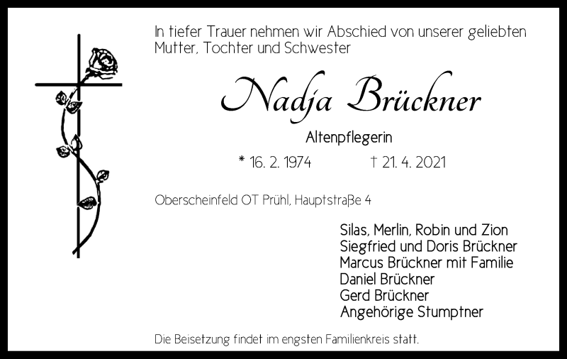  Traueranzeige für Nadja Brückner vom 24.04.2021 aus Neustadt/ Scheinfeld/ Uffenheim