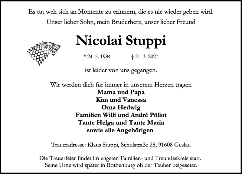  Traueranzeige für Nicolai Stuppi vom 07.04.2021 aus Rothenburg
