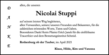 Traueranzeige von Nicolai Stuppi von Rothenburg