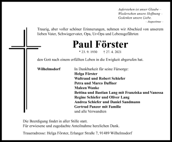 Traueranzeige von Paul Förster von Neustadt/ Scheinfeld/ Uffenheim