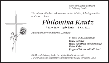 Traueranzeige von Philomina Kautz von Dinkelsbühl/ Feuchtwangen