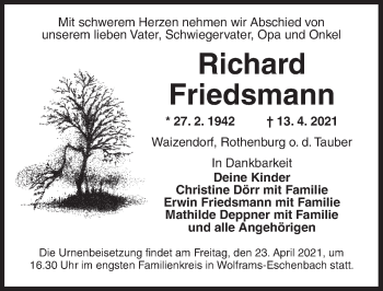 Traueranzeige von Richard Friedsmann von Ansbach