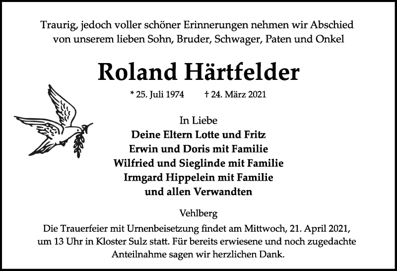  Traueranzeige für Roland Härtfelder vom 17.04.2021 aus Ansbach