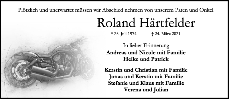  Traueranzeige für Roland Härtfelder vom 17.04.2021 aus Ansbach