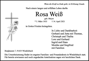 Traueranzeige von Rosa Weiß von Rothenburg