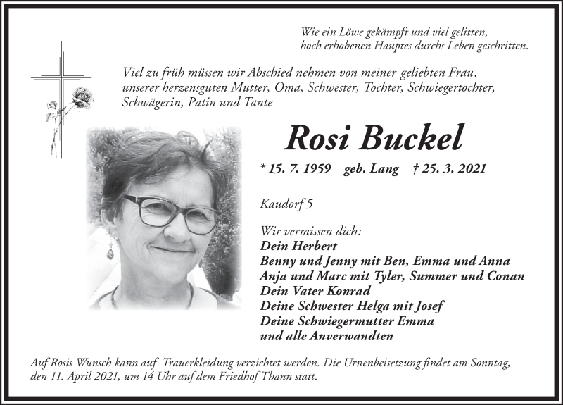  Traueranzeige für Rosi Buckel vom 09.04.2021 aus Ansbach