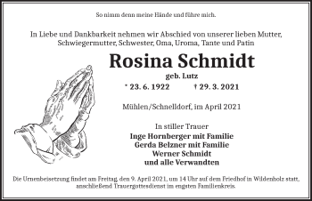 Traueranzeige von Rosina Schmidt von Dinkelsbühl/ Feuchtwangen