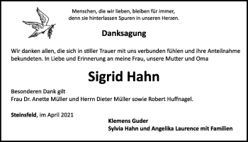 Traueranzeige von Sigrid Hahn von Rothenburg