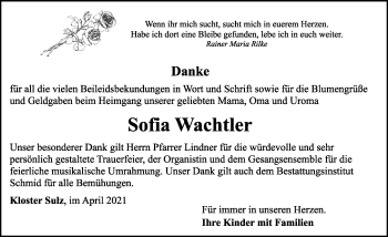 Traueranzeige von Sofia Wachtler von Rothenburg