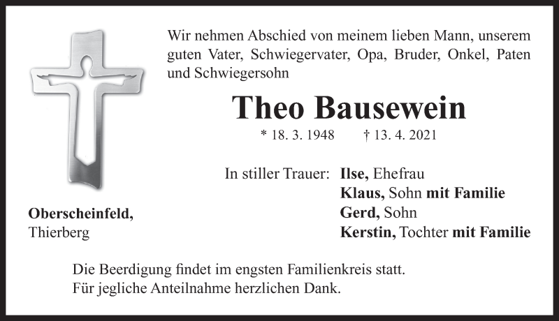  Traueranzeige für Theo Bausewein vom 21.04.2021 aus Neustadt/ Scheinfeld/ Uffenheim