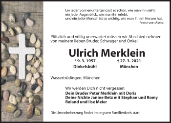 Traueranzeige von Ulrich Merklein von Dinkelsbühl/ Feuchtwangen