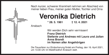 Traueranzeige von Veronika Dietrich von Ansbach