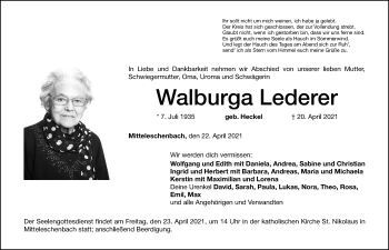 Traueranzeige von Walburga Lederer von Ansbach