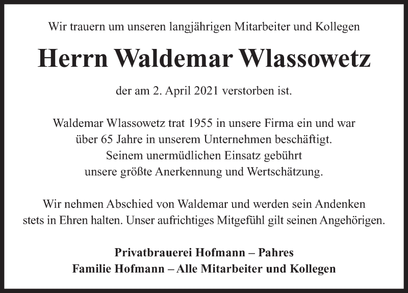  Traueranzeige für Waldemar Wlassowetz vom 07.04.2021 aus Neustadt/ Scheinfeld/ Uffenheim