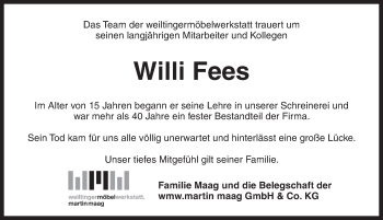 Traueranzeige von Willi Fees von Dinkelsbühl/ Feuchtwangen