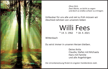 Traueranzeige von Willi Fees von Dinkelsbühl/ Feuchtwangen