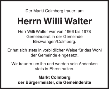 Traueranzeige von Willi Walter von Ansbach