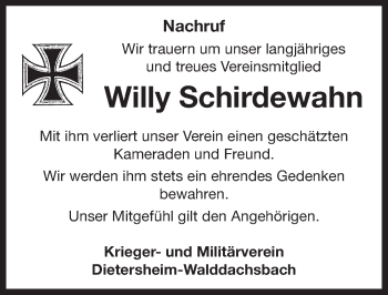 Traueranzeige von Willy Schirdewahn von Neustadt/ Scheinfeld/ Uffenheim