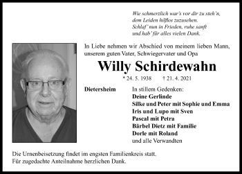 Traueranzeige von Willy Schirdewahn von Neustadt/ Scheinfeld/ Uffenheim