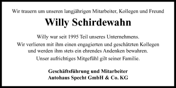 Traueranzeige von Willy Schirdewahn von Neustadt/ Scheinfeld/ Uffenheim