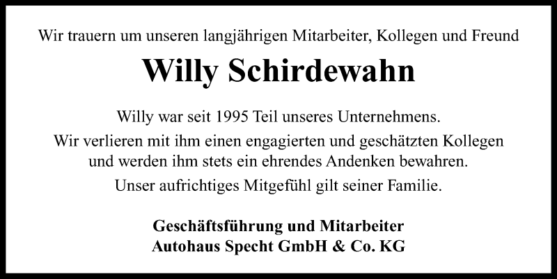  Traueranzeige für Willy Schirdewahn vom 24.04.2021 aus Neustadt/ Scheinfeld/ Uffenheim